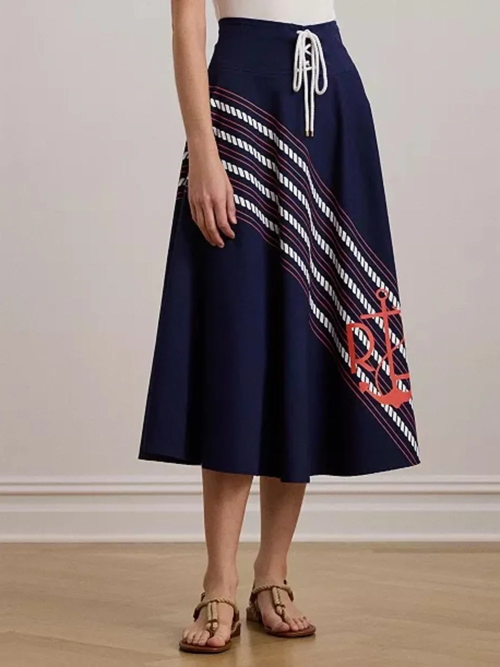 Ralph Lauren Rope Nautical Print Navy Midi Skirt Twill Lace 22W NWT Bear Preppy - Picture 3 of 5